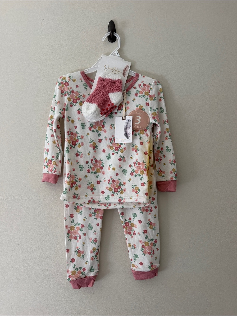 Jessica Simpson Pink Floral Kids Pajama Set with Cozy Socks